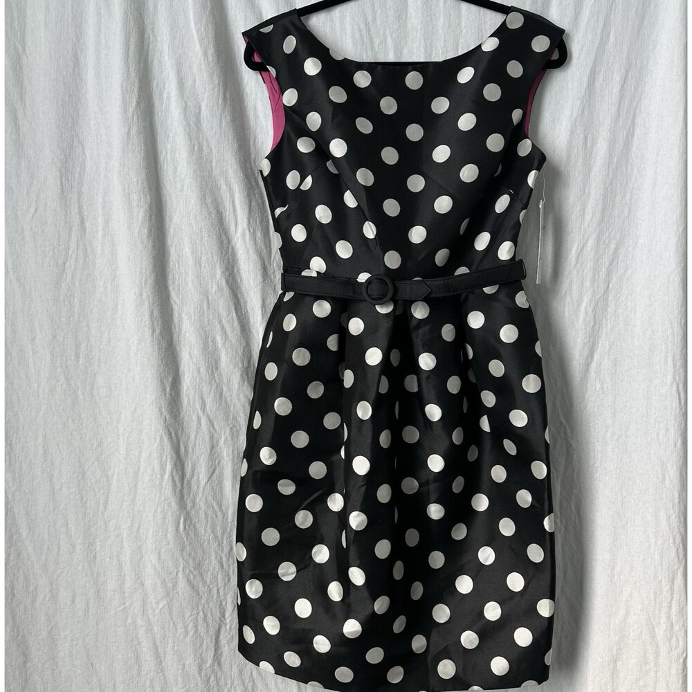 NEW Eliza J Polka Dot Tulip Dress Black White Belted Retro 70s Inspired